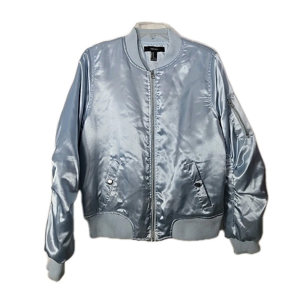 Forever‎ 21 Womens Full Zip Bomber Jacket Light Blue Size Medium Puffy Lining.